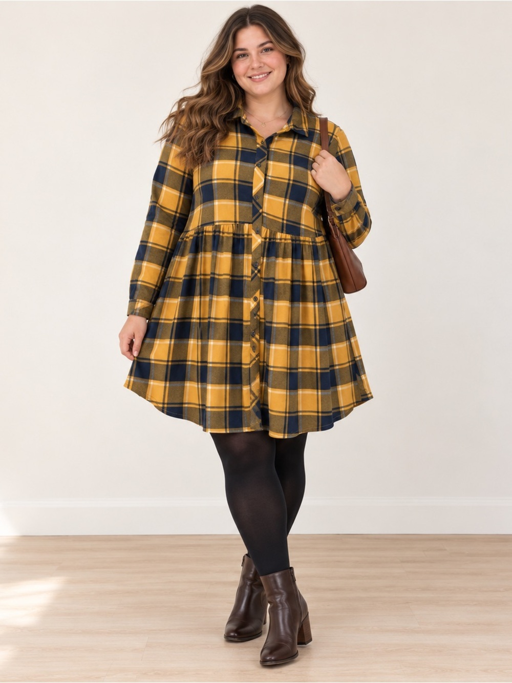 No Comment Mustard Navy Plaid Babydoll Shirt Dress Size XL